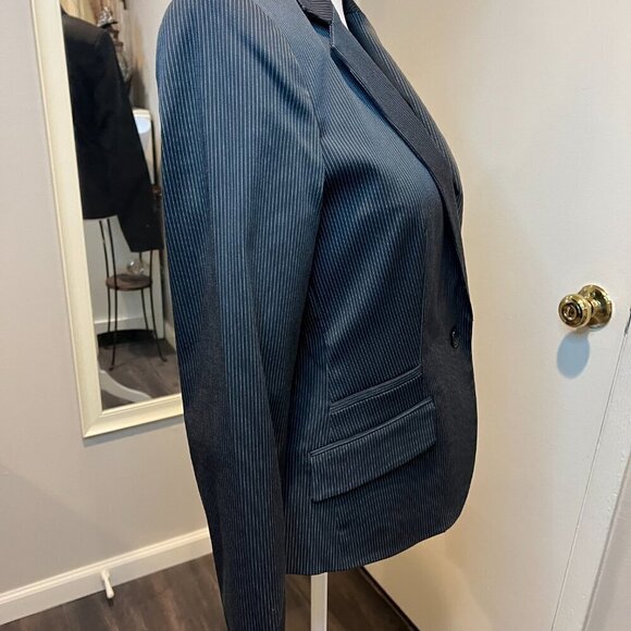 MNG by Mango Black Pinstriped Single Button Modern Blazer Jacket, Size 8 - Picture 7 of 12